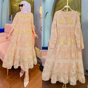Modes Sievietes Musulmaņu Šifona Izšuvumi Abayas Maxi Kleita Dubajas Arābu Puses Longue Kleita Kaftan Femme Vestidos Marokas Jalabiya 2
