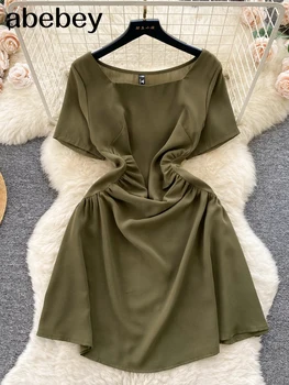 Vasaras Vintage Sieviešu Mini Kleitu, Elegantu Laukumā Apkakli, Īsām Piedurknēm, Augsta Vidukļa Sexy Vestidos Ikdienas Drēbes Sieviešu Jaunās Modes 3