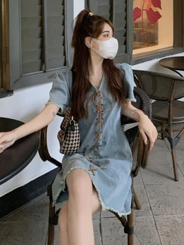 Džinsa Kleita Sievietēm Vasarā V-veida kakla Pārsējs projektu Konkursu-line Preppy Style korejiešu Versija Modes Baggy Meitenes Gadījuma jaunais Šiks 3