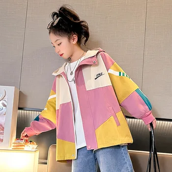 Pavasarī Īsi Uzrakt Mētelis, lai Meitene korejiešu Vidū-garums Patchwark Dizaina Jaka Bērnu Drēbes, lai Tīņi, Streetwear Kapuci Top 4-14 Gadiem 3