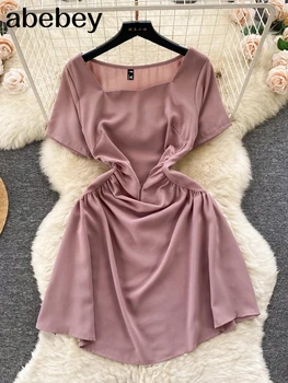 Vasaras Vintage Sieviešu Mini Kleitu, Elegantu Laukumā Apkakli, Īsām Piedurknēm, Augsta Vidukļa Sexy Vestidos Ikdienas Drēbes Sieviešu Jaunās Modes 4