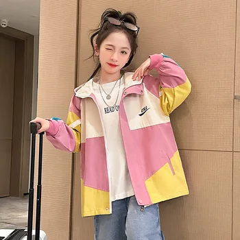 Pavasarī Īsi Uzrakt Mētelis, lai Meitene korejiešu Vidū-garums Patchwark Dizaina Jaka Bērnu Drēbes, lai Tīņi, Streetwear Kapuci Top 4-14 Gadiem 4