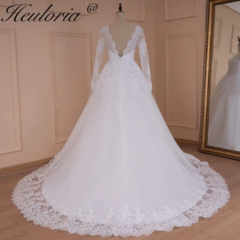 HEULORIA Vintage kāzu kleita ar garām piedurknēm, V veida kakla līgava kleita, mežģīņu aplikācijas mežģīnes up līgavas kleita plus lieluma vestido De Noiva 4