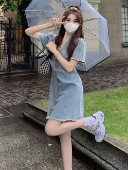 Džinsa Kleita Sievietēm Vasarā V-veida kakla Pārsējs projektu Konkursu-line Preppy Style korejiešu Versija Modes Baggy Meitenes Gadījuma jaunais Šiks 5